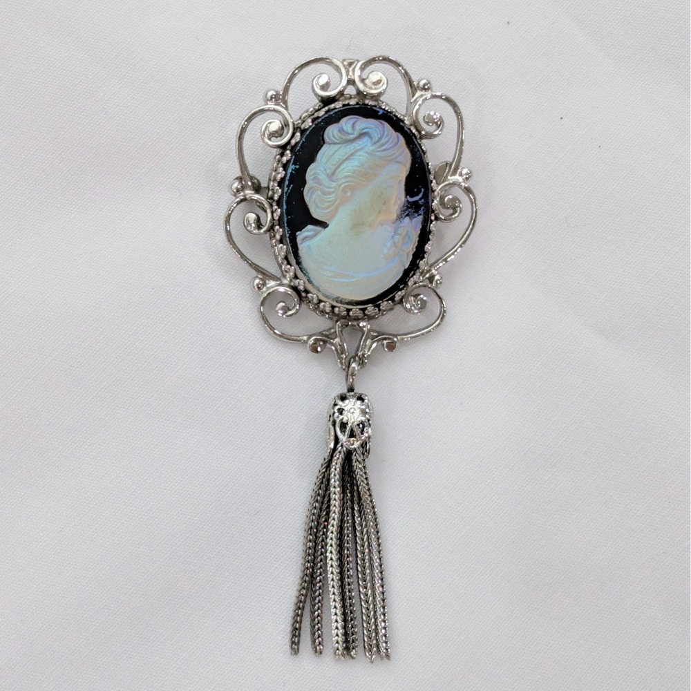 Vintage Rare Iridescent Cameo Brooch Pin With Silver Tassel 3"